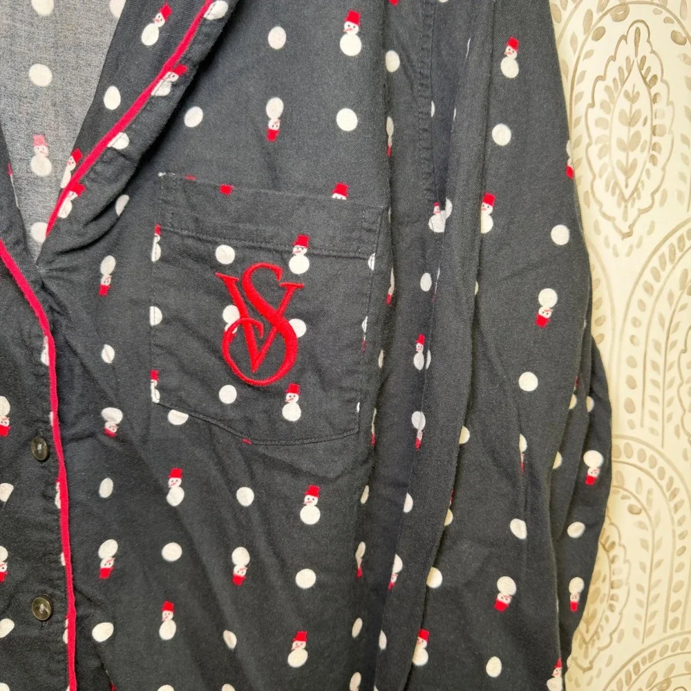 Victorias Secret Snowman Polka Dot Pajama‎ Top Black Red Long Sleeve Medium Long